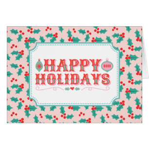 Cheerful Happy Holidays   Retro Pink and Red Holly Cards