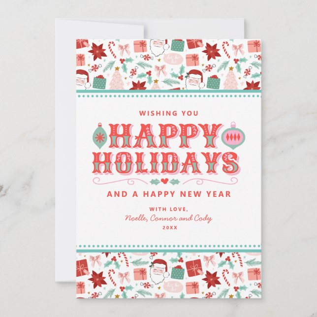 Cheerful Happy Holidays | Retro Pink and Red Holly Holiday Card (Front)