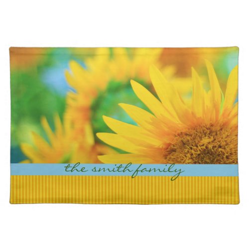 Cheerful Happy Yellow Sunflower Blue Orange Stripe Placemat