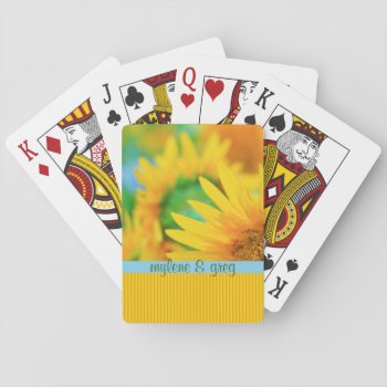Cheerful Happy Yellow Sunflower Blue Orange Stripe Playing Cards by BeverlyClaire at Zazzle