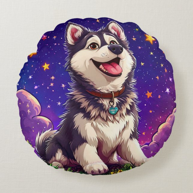 Cheerful Husky Against Starry Sky Round Pillow (Front)