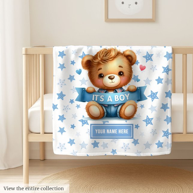 Cheerful It’s a Boy Blanket for Baby Boy Gift (Sweet teddy bear blanket, personalized gift for It’s a Boy baby shower or nursery.)