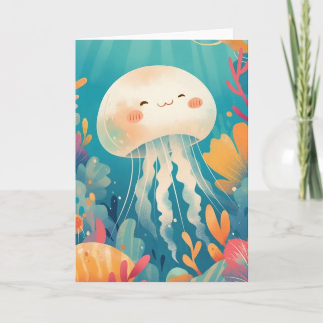 Cheerful Jellyfish Floating Through Colorful Reefs Card (Front)