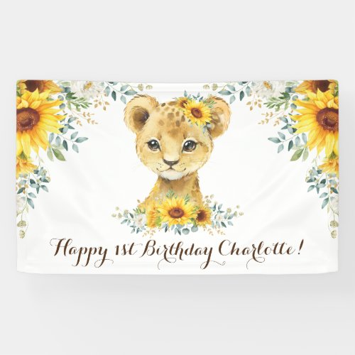 Cheerful Jungle Lion Cub Sunflower Happy Birthday Banner