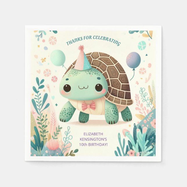 Cheerful Kids Cute Tortoise Birthday Party Napkins (Front)