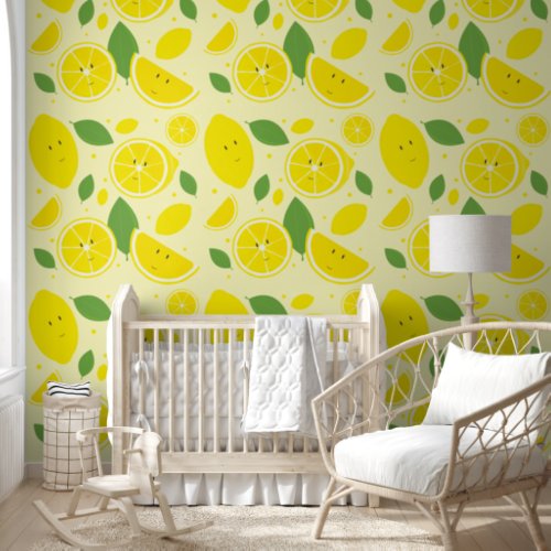 Cheerful Lemon Fruit Pattern Kids Wallpaper