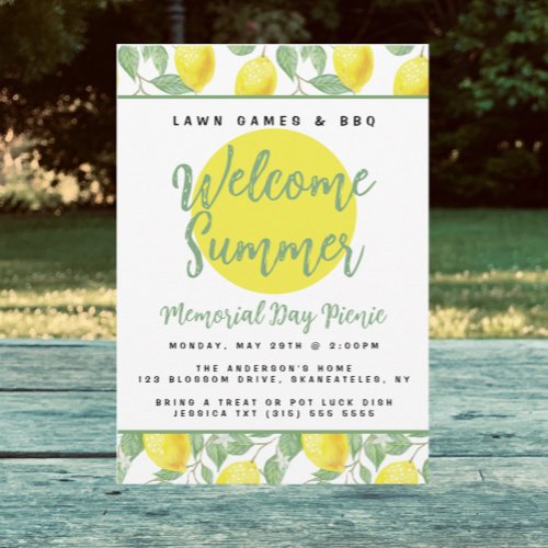 Cheerful Lemon Pattern Yellow Green Lawn Party BBQ Invitation