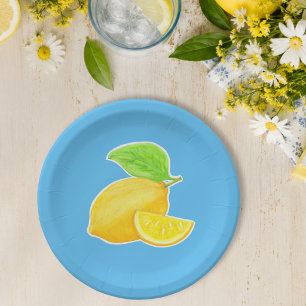 Cheerful Lemon Yellow and Blue Citrus Paper Plates