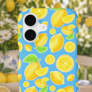 Cheerful Lemon Yellow and Blue Citrus Pattern iPhone 17 Case