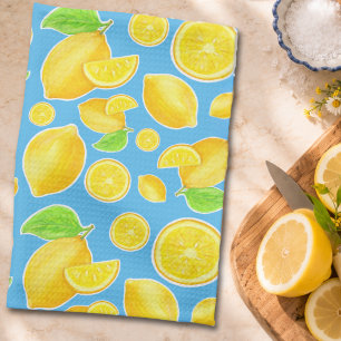 Cheerful Lemon Yellow and Blue Citrus Pattern Kitchen Towel