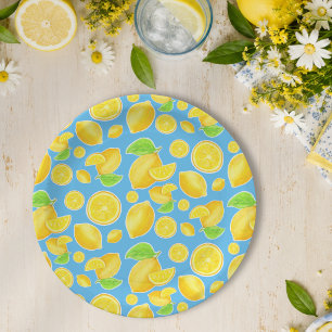 Cheerful Lemon Yellow and Blue Citrus Pattern Paper Plates