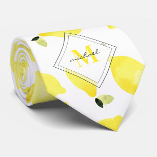 Cheerful Lemons Pattern Yellow Monogram Name White Neck Tie