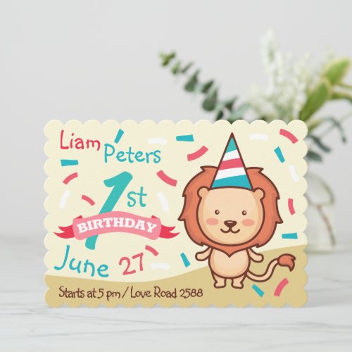 Cheerful Lion First Birthday Invitation