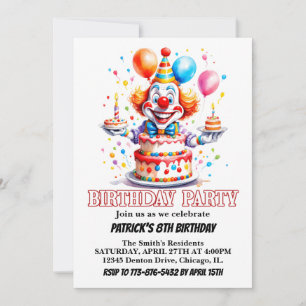 Cheerful Little Clown Watercolor Birthday Party Invitation