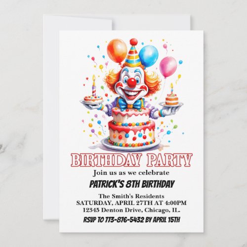 Cheerful Little Clown Watercolor Birthday Party Invitation