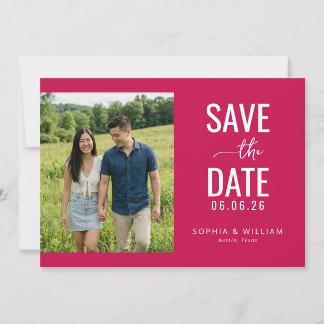 Cheerful Magenta Minimalist Photo Save The Date (Front)