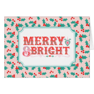 Cheerful Merry & Bright   Retro Pink and Red Holly Cards