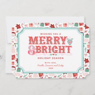 Cheerful Merry & Bright Retro Pink and Red Holly Holiday Card