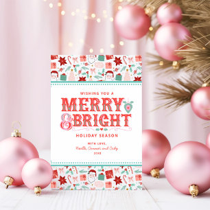 Cheerful Merry & Bright Retro Pink and Red Holly Holiday Card