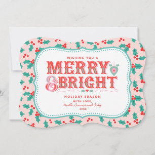 Cheerful Merry & Bright Retro Pink and Red Holly Holiday Card