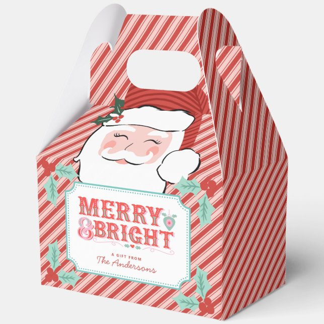 Cheerful Merry & Bright | Retro Pink and Red Santa Favor Boxes (Front)