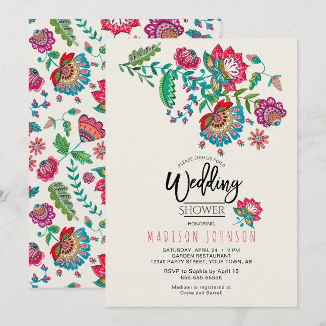 Cheerful Mexican Red & Turquoise Folk art Floral Invitation (Front/Back)