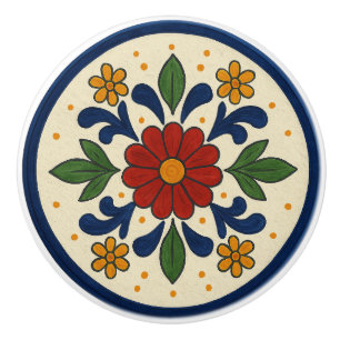 Cheerful Mexican Talavera Folk Floral Ceramic Knob