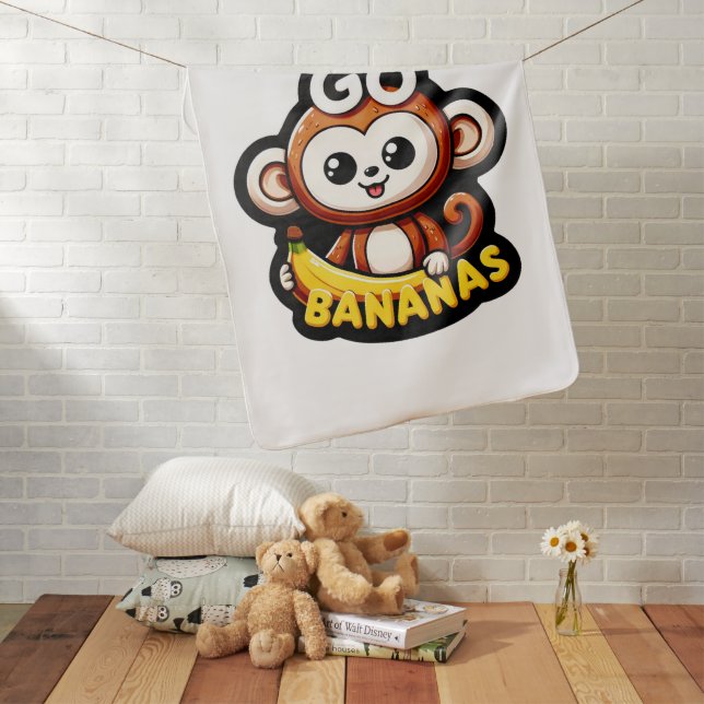 Cheerful Monkey Banana Fun Go Bananas! Sticker  Baby Blanket (In Situ)