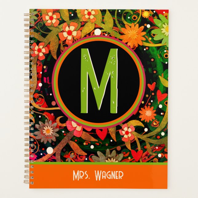 Cheerful Monogram Custom Name Floral Teacher  Planner (Front)