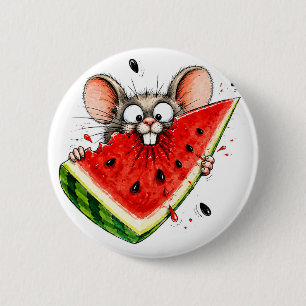 Cheerful mouse eats watermelon button