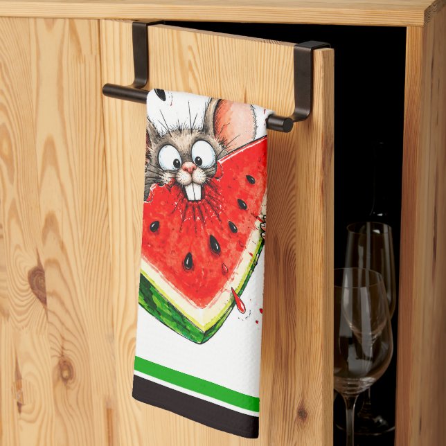 Cheerful mouse eats watermelon kitchen towel (Thirds Fold)