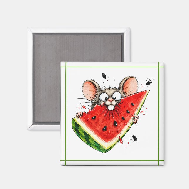Cheerful mouse eats watermelon magnet (Front/Back)