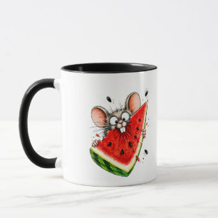 Cheerful mouse eats watermelon mug