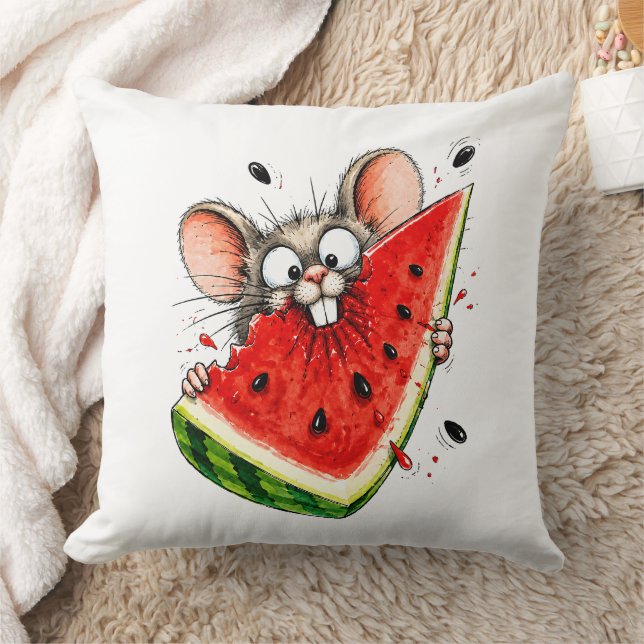 Cheerful mouse eats watermelon throw pillow (Blanket)