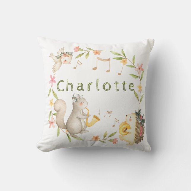 Cheerful Musical Baby Woodland Animal Throw Pillow (Front)