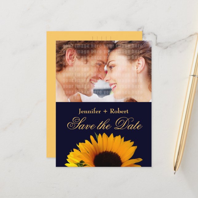 Cheerful Navy Blue Sunflower Save the Date Announcement Postcard (Front/Back In Situ)