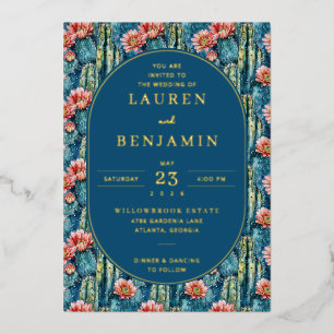 Cheerful Navy Botanical Cactus and Flowers Foil Invitation