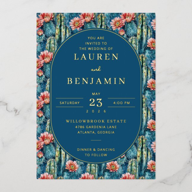 Cheerful Navy Botanical Cactus and Flowers Foil Invitation (Front)
