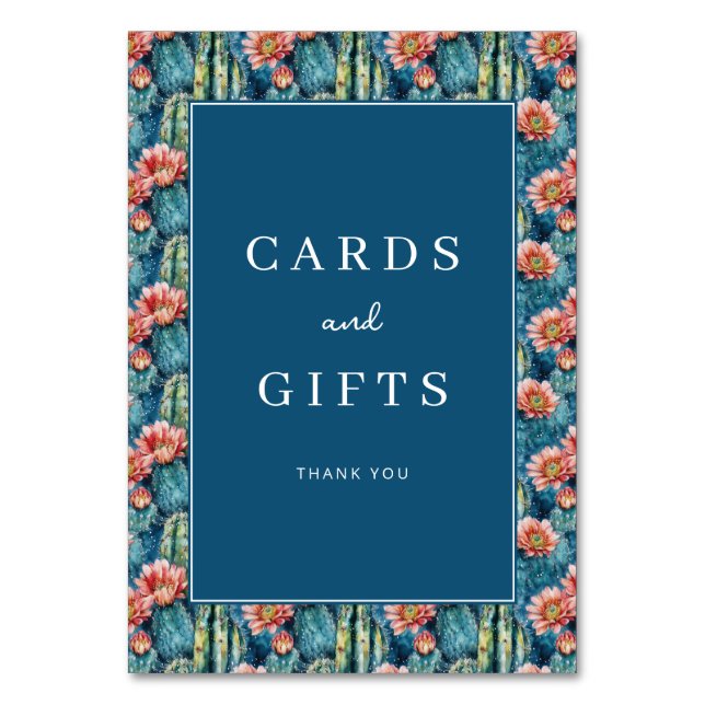 Cheerful Navy Botanical Cactus Border Table Number (Front)