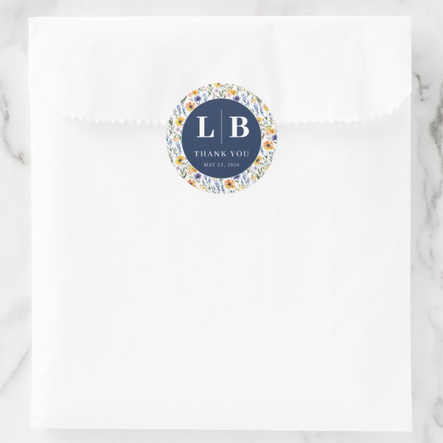 Cheerful Navy Floral Gratitude Classic Round Sticker (Bag)