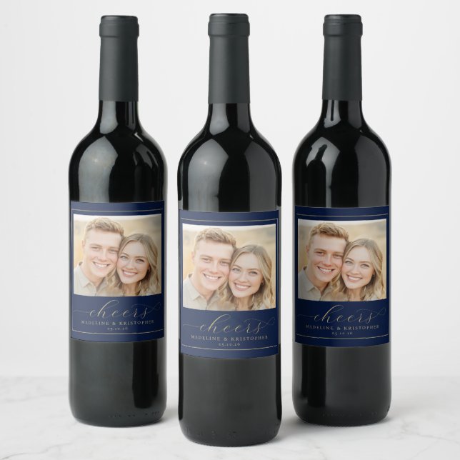 Cheerful Navy Modern Photo Wine Label (Bottles)