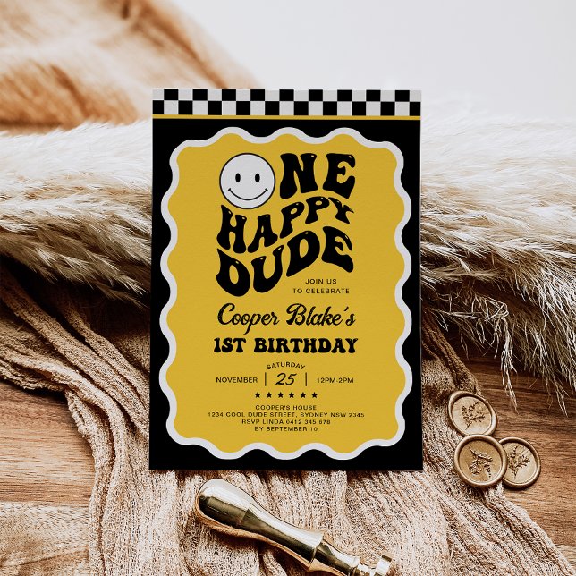 Cheerful One Happy Dude Boy 1st Birthday Party Invitation (Creator Uploaded)