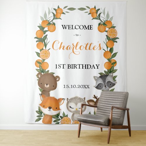 Cheerful Orange Citrus Woodland Birthday Welcome Tapestry