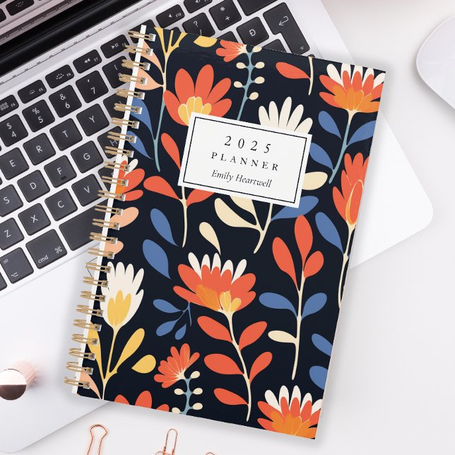 Cheerful Orange Floral Pattern Personalized 2025 Planner (Creator Uploaded)