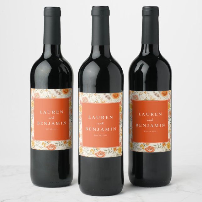 Cheerful Orange Floral Wine Label (Bottles)