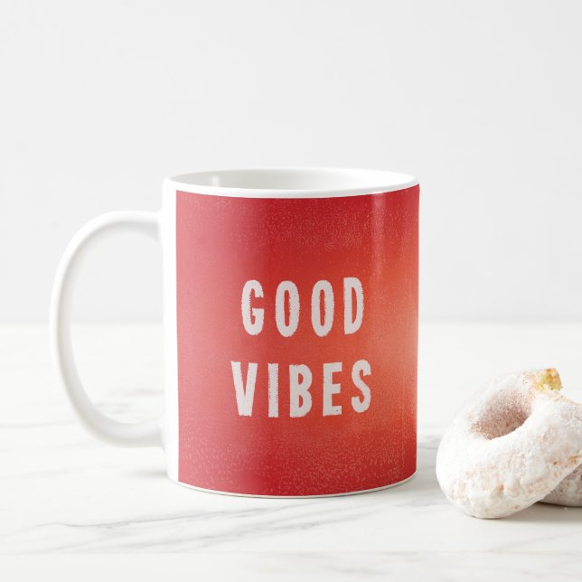 Cheerful Orange/Red Good Vibes Print Coffee Mug (With Donut)