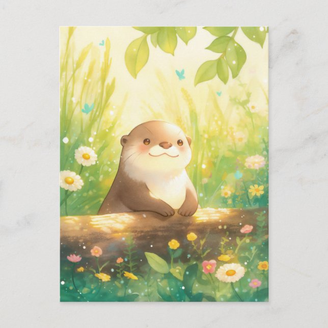 Cheerful Otter in Sunny Spring Meadow Postcard (Front)