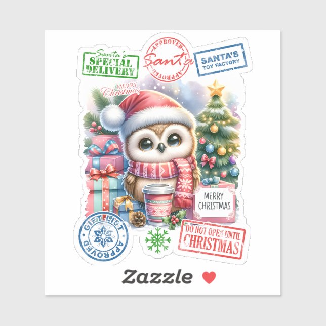 Cheerful Owl Christmas Sticker (Sheet)