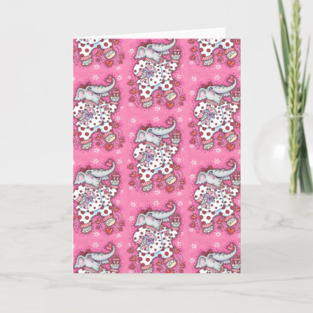 CHEERFUL PACHYDERM IN PINK PAJAMAS, HEART CUPCAKE HOLIDAY CARD (Front)