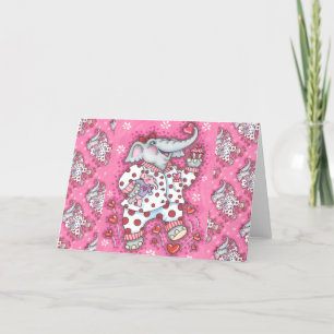 CHEERFUL PACHYDERM IN PINK PAJAMAS, HEART CUPCAKE HOLIDAY CARD